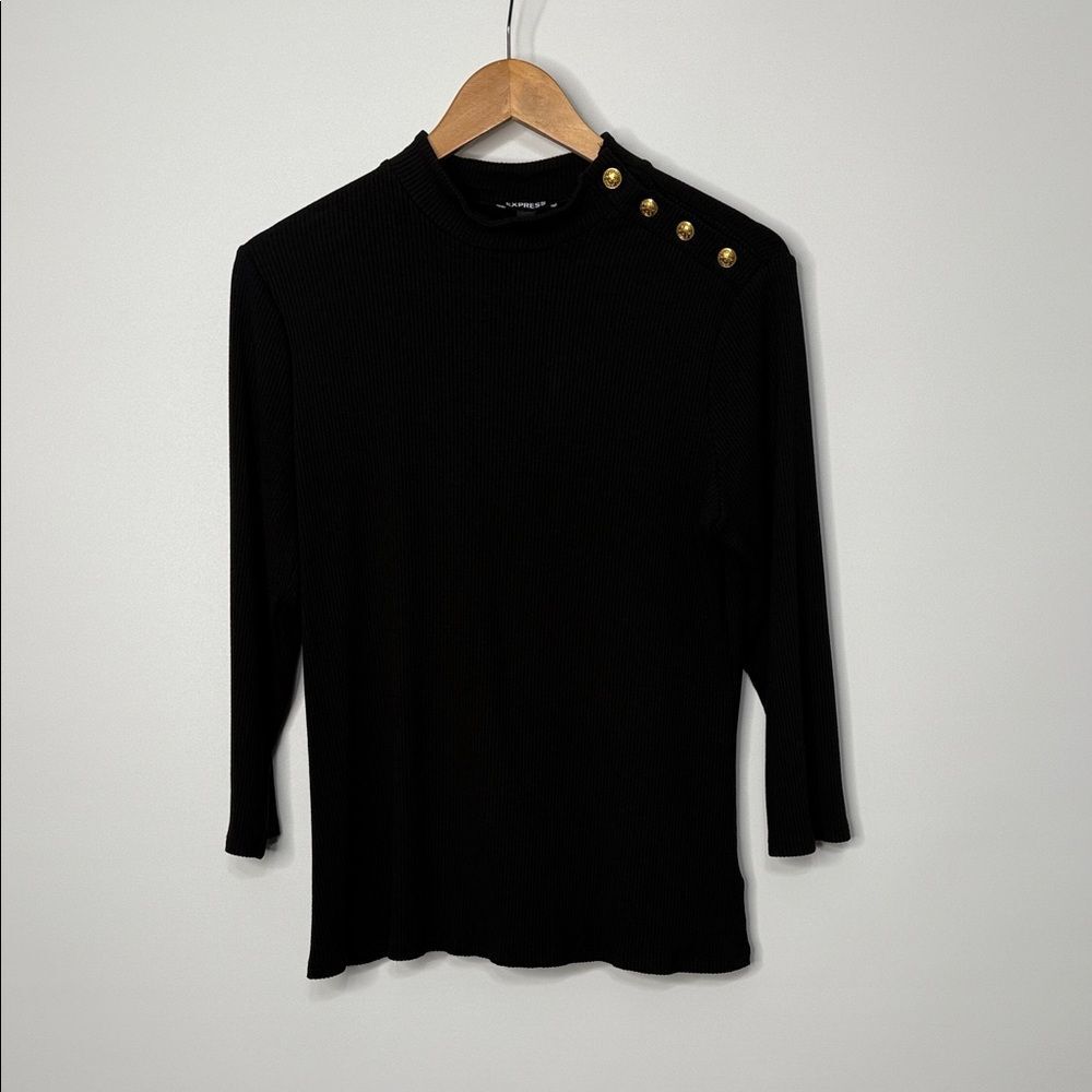 Express Black Ribbed Mock Neck Button-Detail Top XL